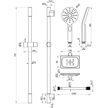 AJAX105851 Ajax Chrome Round Slider Rail Kit and Push Button Handset Line Drawing