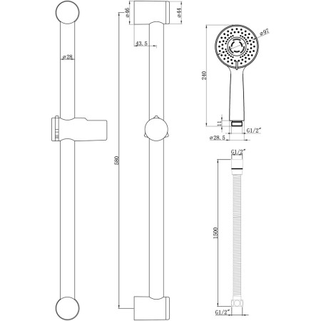 AJAX105856 Ajax Chrome Round Slider Rail Kit and Three Spray Handset (3)