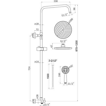 AJAX105588 Ajax Chrome Round Slider Rail Kit with Handset and Overhead (3)