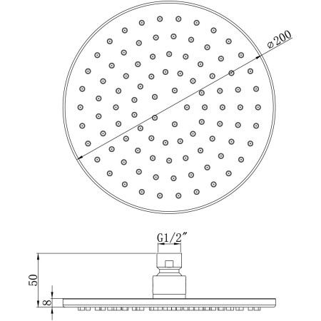 AJAX105867 Ajax Chrome Rounded 200mm Brass Fixed Showerhead Line Drawing