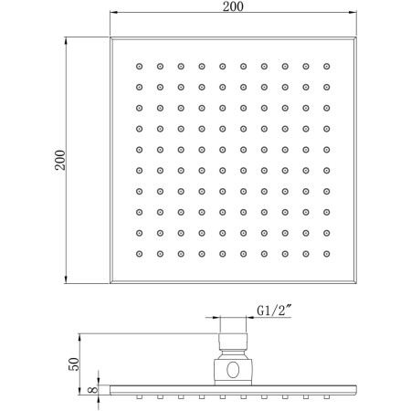 AJAX105590 Ajax Hedon Chrome Squared 200mm Brass Fixed Shower Head Line Drawing
