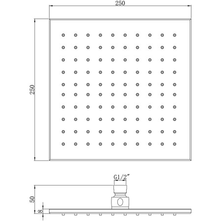 AJAX105591 Ajax Hedon Chrome Squared 250mm Brass Fixed Shower Head Line Drawing