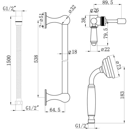 AJAX105594 Ajax Chrome Traditional Slider Rail Kit and Handset Dimensions