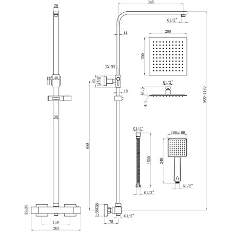 AJAX105831 Ajax Hedon Chrome Thermostatic Mixer Shower with Overhead Kit Line Drawing