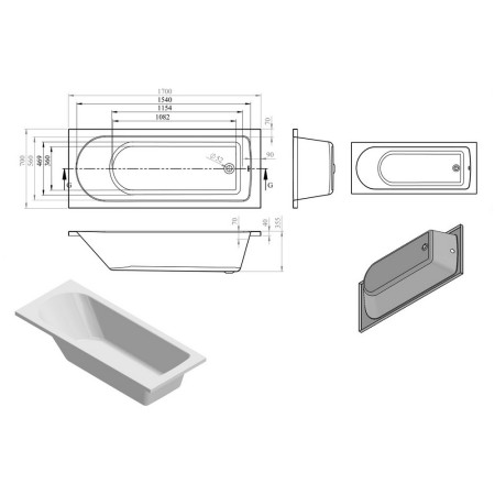 AJAX105640 Ajax Cottingham 1700 x 700mm Single Ended Supercast Bath Internal Measurements