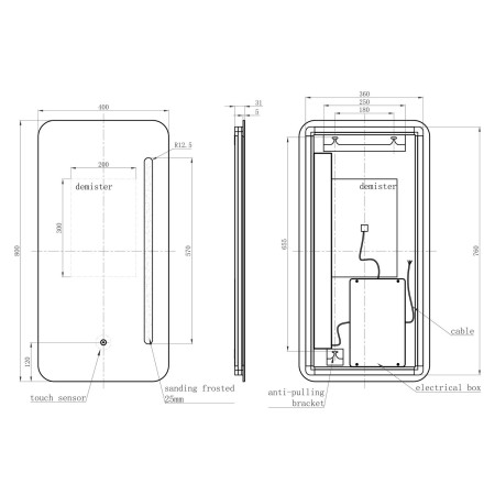 AJAX116288 Ajax Cranwell 400 x 800mm Oblong LED Bathroom Mirror Dimensions