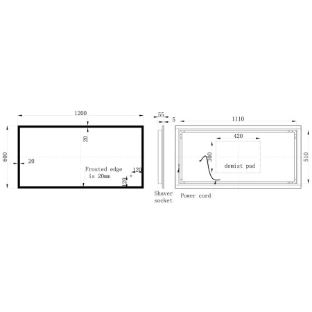 AJAX106282 Ajax Crossland 600 x 1200mm LED Bathroom Mirror Line Drawing