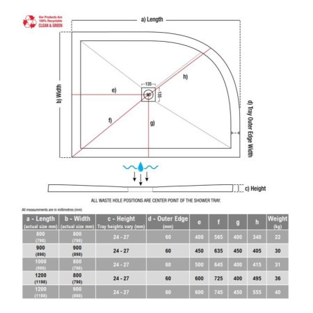 AJAX3868 Ajax Designer Ultra Slim 1000 x 800mm Right Hand Offset Quadrant Shower Tray Line Drawing