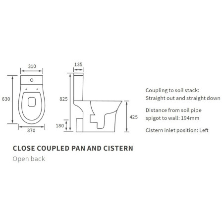 AJAX100522 Ajax Donnington Rimless Close Coupled Open Back WC with Seat Line Drawing