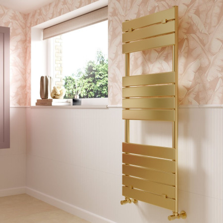 AJAX108796 Ajax Dovedale Brushed Brass 1500 x 500mm Square Ladder Towel Warmer Lifestyle