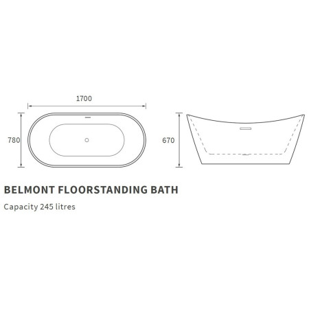 AJAX105586 Ajax Dunholme 1700 x 780mm Matt Blue Freestanding Bath Line Drawing