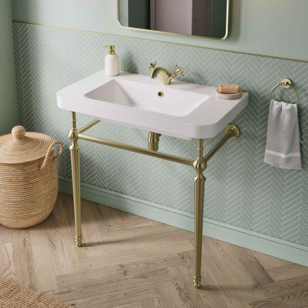 AJAX116021 Ajax Edlington 610mm 1TH Basin with Brushed Brass Washstand Lifestyle