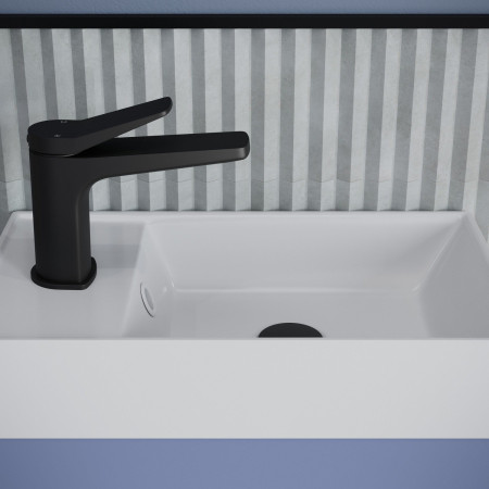 AJAX116044 Ajax Elsham 400mm Matt Misty Blue Floor Standing Vanity Unit and Basin with Black Basin Tap