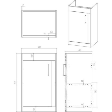 AJAX105315 Ajax Elsham 510mm Seville Oak Floor Standing Vanity Unit with Basin Line Drawing