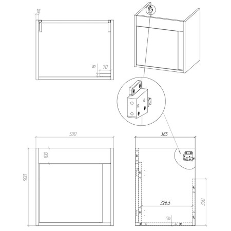 AJAX105308 Ajax Elsham 510mm Matt Antique Rose Wall Hung Vanity Unit with Basin Line Drawing
