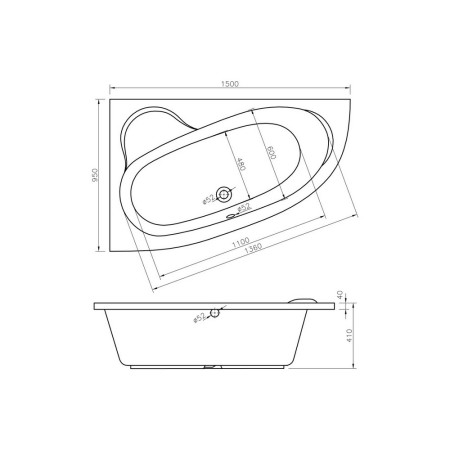 AJAX105672 Ajax Epworth 1500 x 950mm Left Handed Corner Bath Internal Dimensions