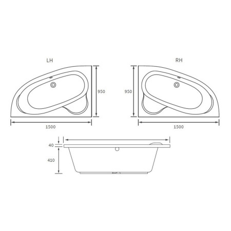 AJAX105672 Ajax Epworth 1500 x 950mm Left Handed Corner Bath Line Drawing