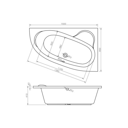 AJAX105673 Ajax Epworth 1500 x 950mm Right Handed Corner Bath Internal Dimensions