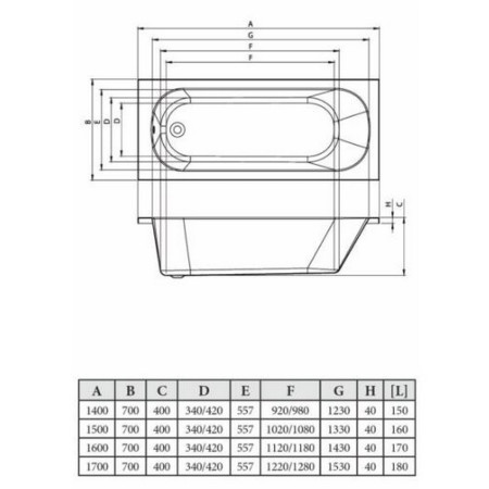 AJAX3461 Ajax Essentials 1700 x 700mm Single Ended Bath Line Drawing