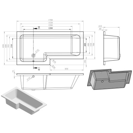 AJAX2959 Ajax Essentials L Shaped Left Hand 1700 x 700mm Shower Bath Set Line Drawing