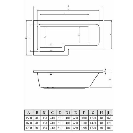 AJAX2960 Ajax Essentials L Shaped Right Hand 1700 x 700mm Shower Bath Set Dimensions