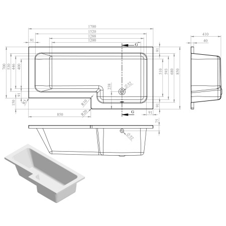 AJAX2960 Ajax Essentials L Shaped Right Hand 1700 x 700mm Shower Bath Set Line Drawing