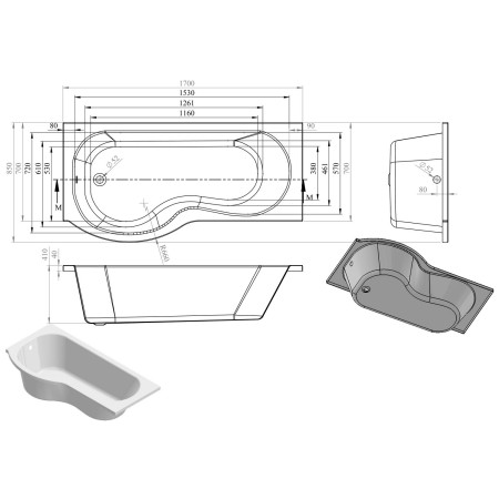 AJAX2956 Ajax Essentials P Shaped Left Hand 1700 x 700mm Shower Bath Set Line Drawing