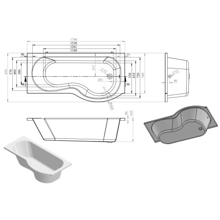 AJAX2957 Ajax Essentials P Shaped Right Hand 1700 x 700mm Shower Bath Set Line Drawing