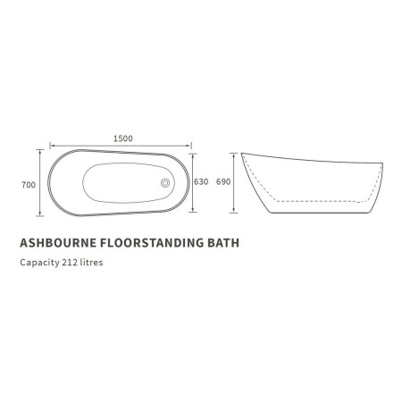 AJAX104119 Ajax Faldingworth 1500 x 700mm Freestanding Slipper Bath Line Drawing