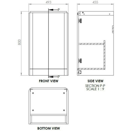 AJAX96052 Ajax Ferriby 500mm Floor Standing Matt Grey Vanity Unit with Basin Line Drawing