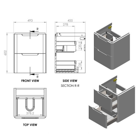 AJAX96036 Ajax Ferriby 500mm Wall Hung Gloss White Vanity Unit with Basin Line Drawing