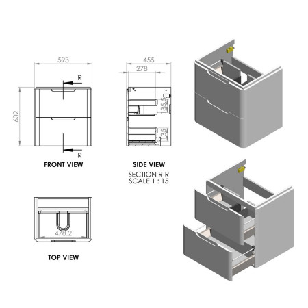 AJAX96042 Ajax Ferriby 600mm Wall Hung Gloss White Vanity Unit with Basin Line Drawing