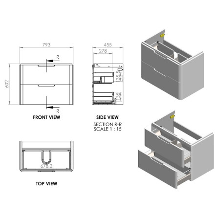 AJAX105328 Ajax Ferriby 800mm Wall Hung Matt Sage Green Vanity Unit with Basin Line Drawing