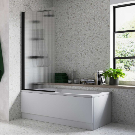 Ajax Fluted 1500mm Single Straight Matt Black Bath Screen