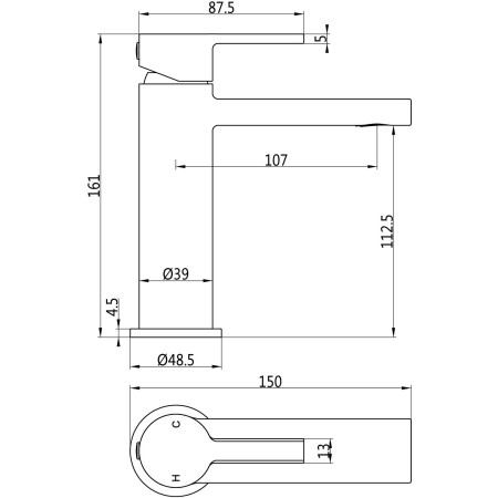 AJAX108099 Ajax Freshney Basin Mixer with Waste in Brushed Brass Line Drawing