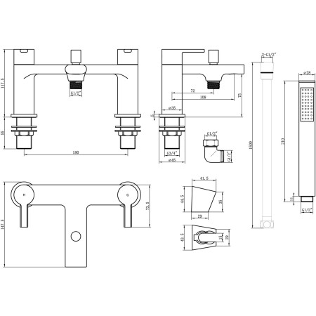 AJAX108097 Ajax Freshney Bath Shower Mixer in Black Line Drawing