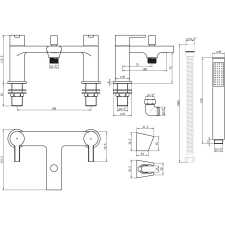 AJAX108093 Ajax Freshney Bath Shower Mixer in Chrome Line Drawing