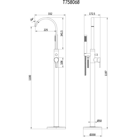 AJAX108098 Ajax Freshney Floor Standing Bath Shower Mixer in Black Line Drawing