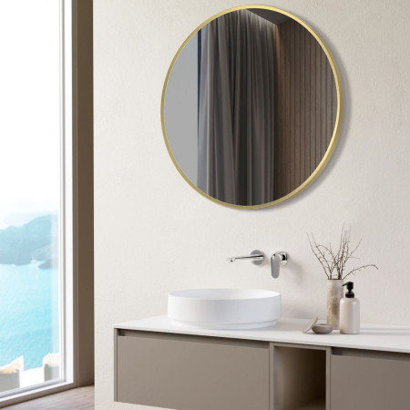 AJAX106260 Ajax Gedney 600mm Rounded Brushed Brass Bathroom Mirror Line Drawing Lifestyle
