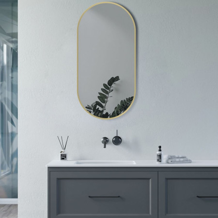 AJAX106265 Ajax Gedney 800 x 400mm Oblong Brushed Brass Bathroom Mirror Lifestyle