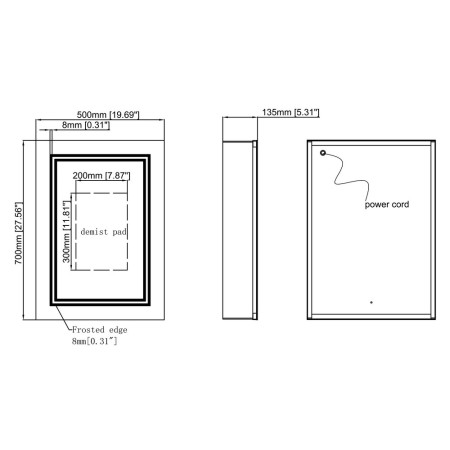 AJAX106299 Ajax Grasby 500mm Single Door LED Mirror Cabinet Line Drawing