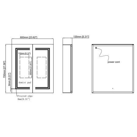 AJAX106300 Ajax Grasby 600mm Double Door LED Mirror Cabinet Line Drawing