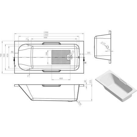 AJAX105614 Ajax Hackthorn 1500 x 700mm Twin Grip Single Ended Bath Internal Measurements