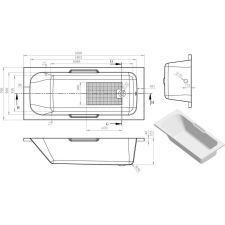 AJAX105615 Ajax Hackthorn 1600 x 700mm Twin Grip Single Ended Bath Internal Measurements
