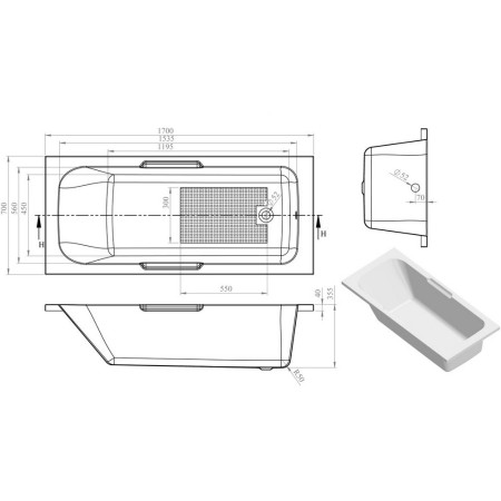 AJAX3089 Ajax Broadholme 1700 x 700mm Twin Grip Single Ended 8mm Bath Line Drawing