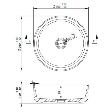 AJAX100508 Ajax Hainton White 355mm Round Ceramic Countertop Basin Line Drawing