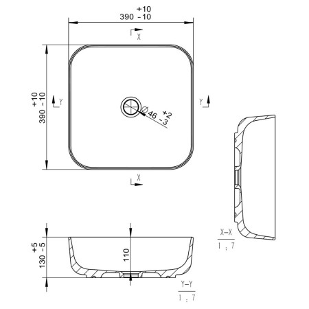 AJAX104931 Ajax Hainton Matt White 400mm Square Ceramic Countertop Basin Line Drawing