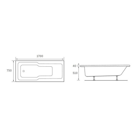 AJAX105667 Ajax Harworth 1700 x 750mm Single Ended Shower Bath Line Drawing