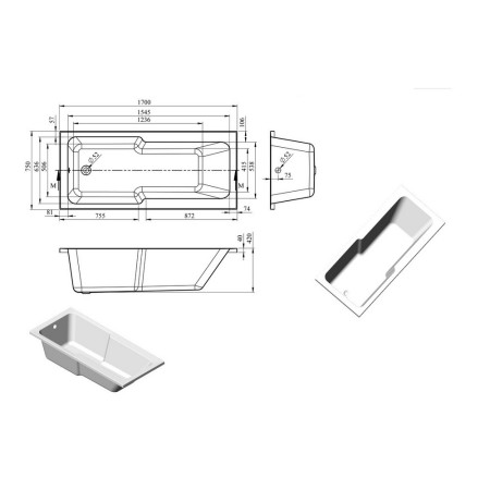 AJAX105667 Ajax Harworth 1700 x 750mm Single Ended Shower Bath Internal Measurements