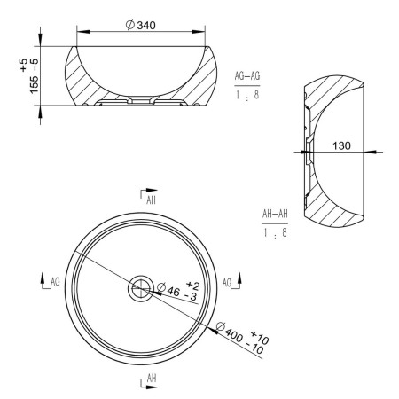 AJAX106868 Ajax Hatcliffe Stone Effect 400mm Round Ceramic Countertop Basin Line Drawing